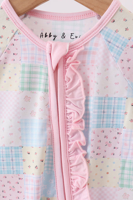 Pink floral checkered bamboo pajamas zipper romper