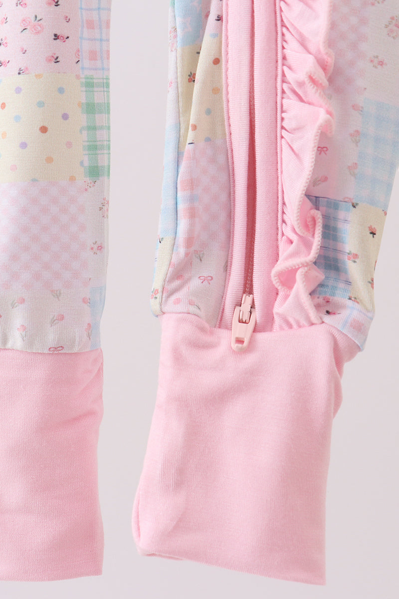 Pink floral checkered bamboo pajamas zipper romper