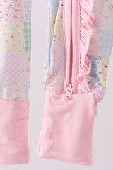 Pink floral checkered bamboo pajamas zipper romper