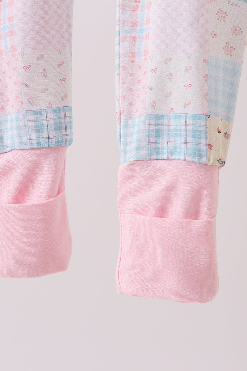 Pink floral checkered bamboo pajamas zipper romper