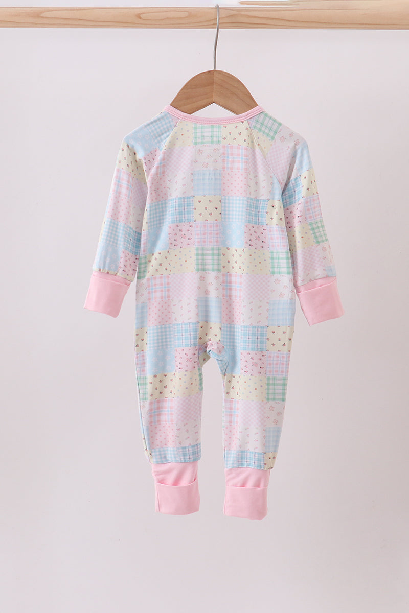 Pink floral checkered bamboo pajamas zipper romper