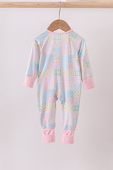 Pink floral checkered bamboo pajamas zipper romper
