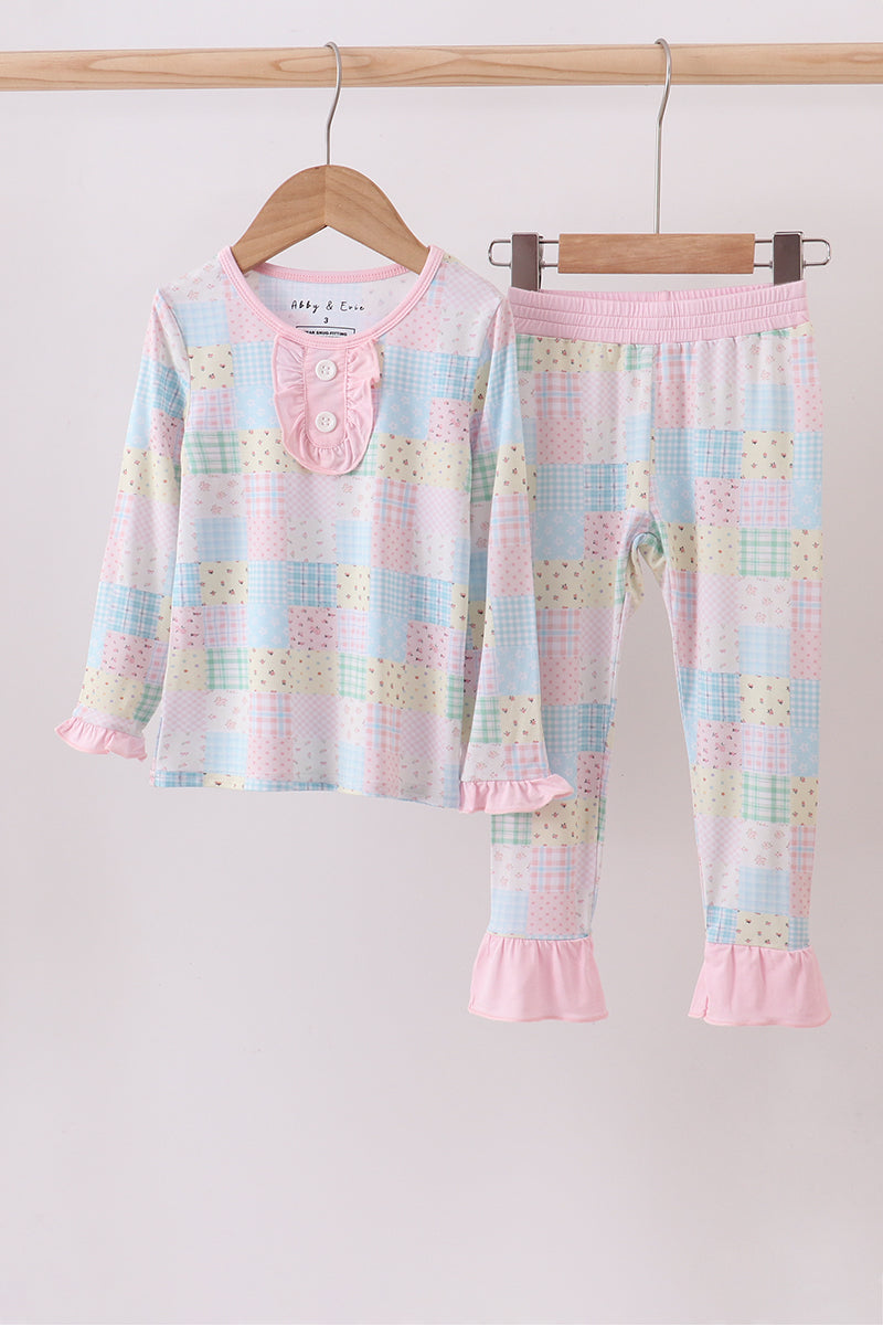 Pink floral checkered bamboo pajamas ruffle pants set