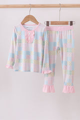 Pink floral checkered bamboo pajamas ruffle pants set