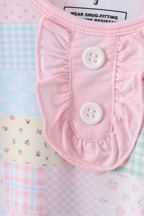 Pink floral checkered bamboo pajamas ruffle pants set