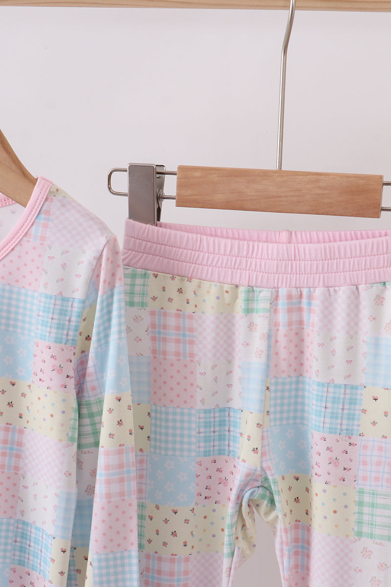 Pink floral checkered bamboo pajamas ruffle pants set