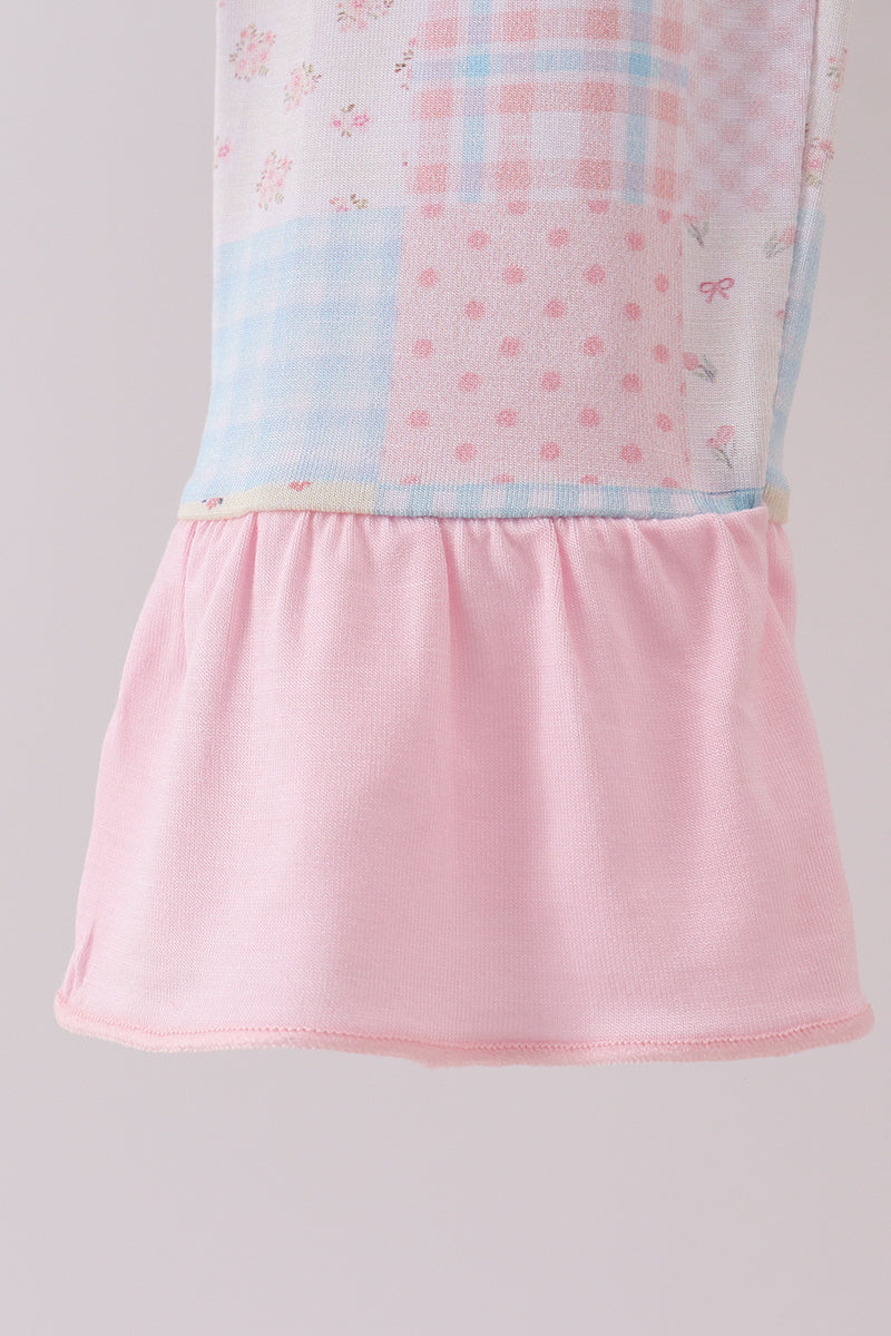 Pink floral checkered bamboo pajamas ruffle pants set