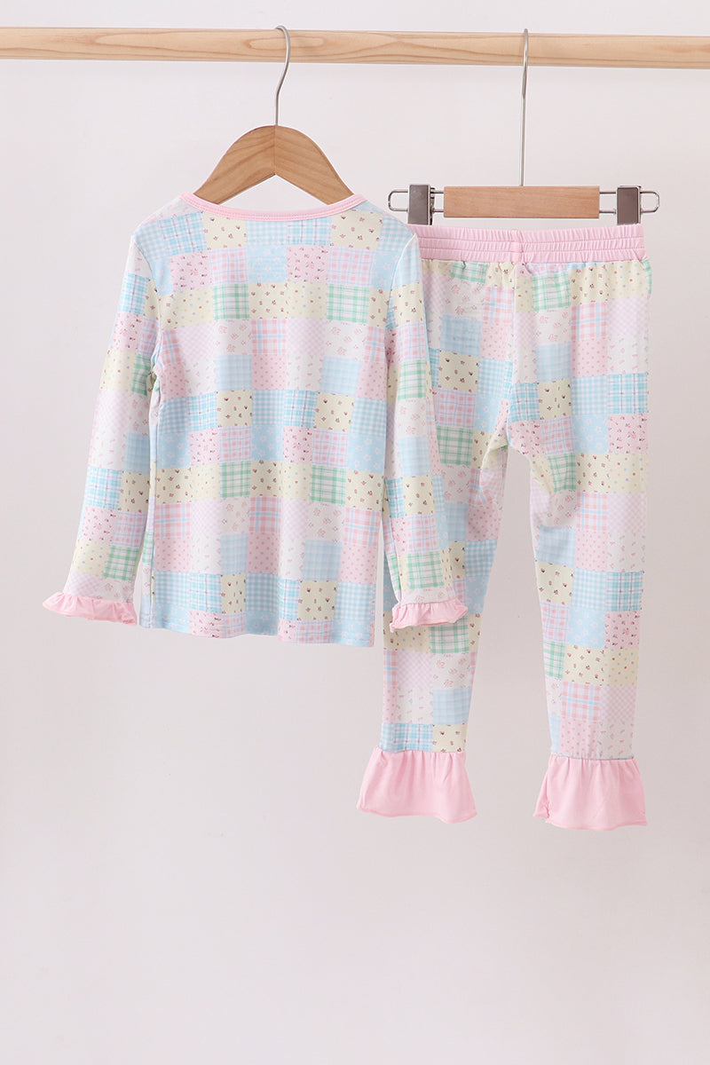 Pink floral checkered bamboo pajamas ruffle pants set