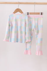 Pink floral checkered bamboo pajamas ruffle pants set