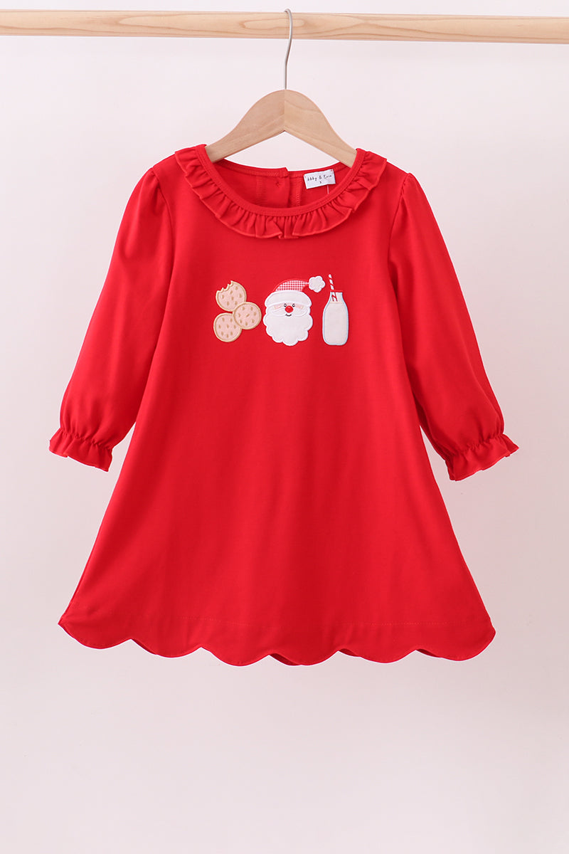 Red santa claus biscuit milk applique ruffle dress