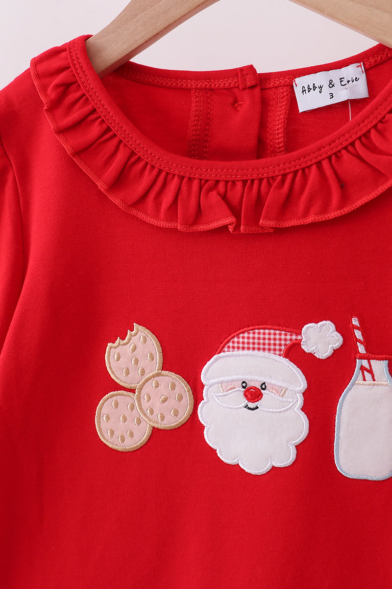 Red santa claus biscuit milk applique ruffle dress