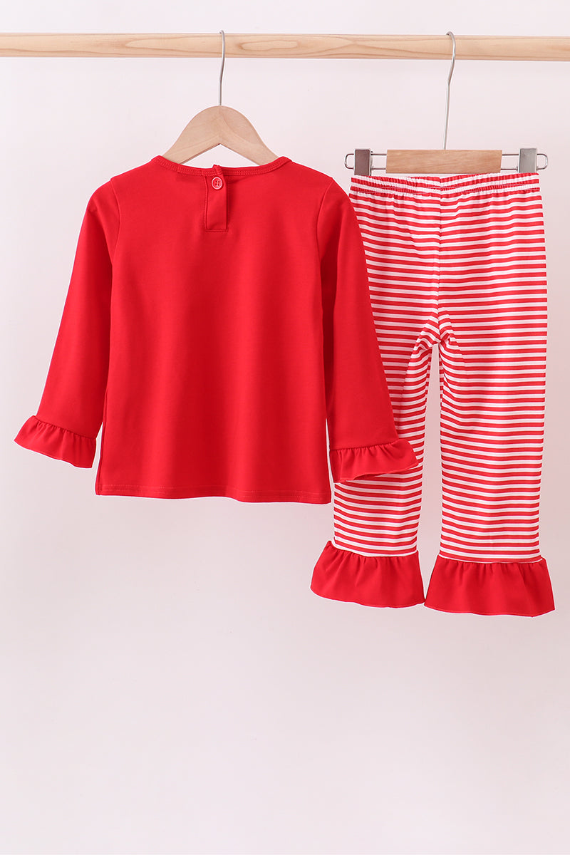 Red santa claus biscuit milk applique ruffle pants set