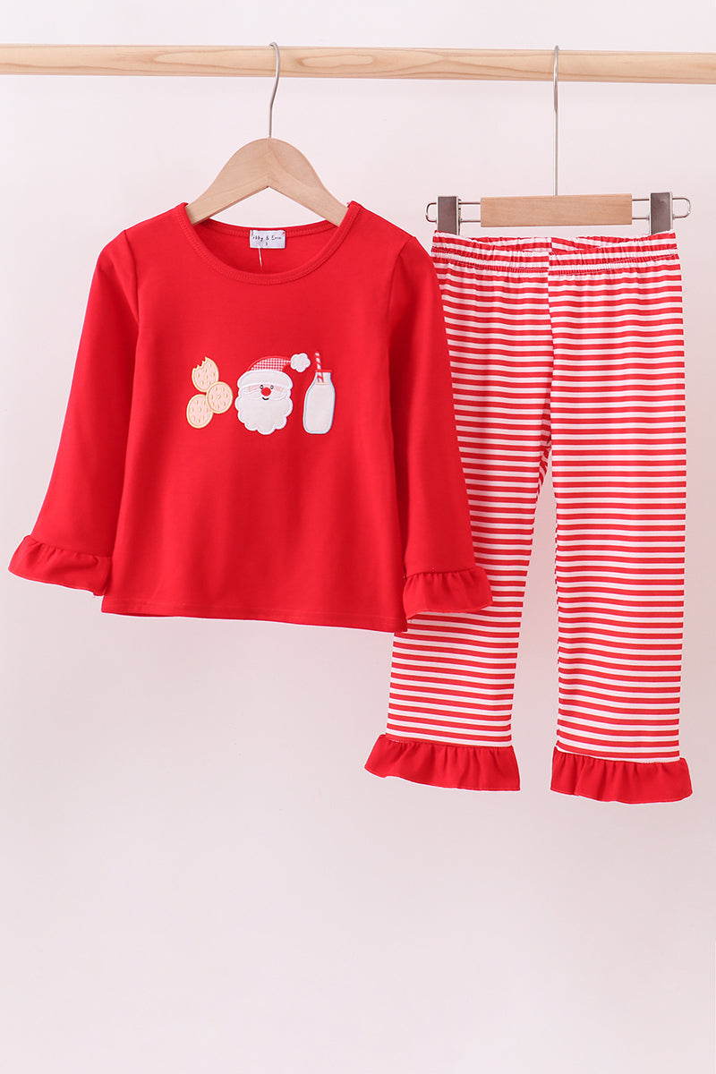 Red santa claus biscuit milk applique ruffle stripe pants set