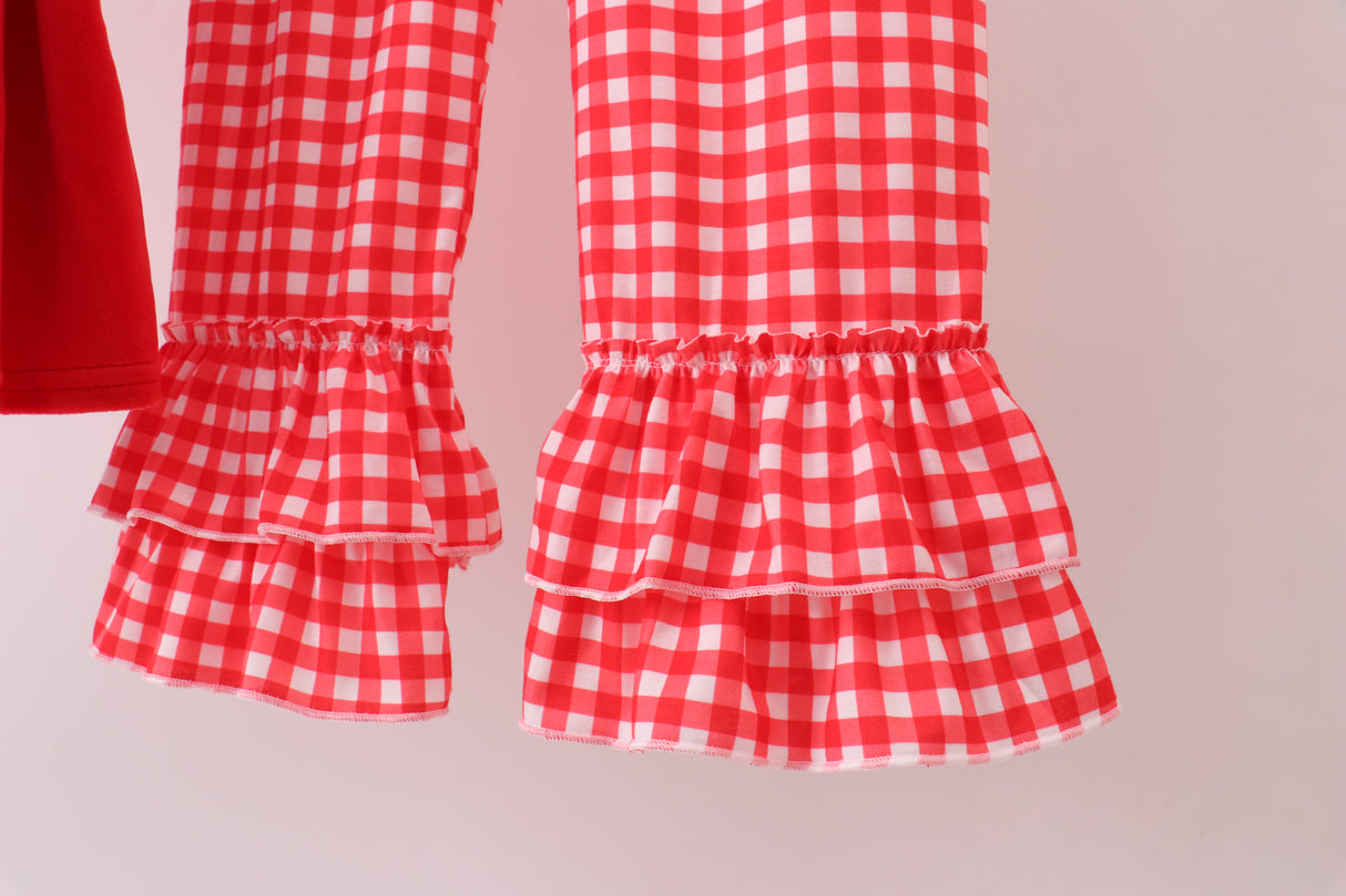 Red bow embroidery velvet ruffle pants set