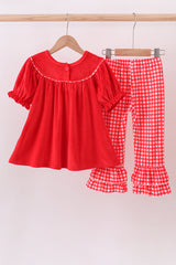 Red bow embroidery velvet ruffle pants set