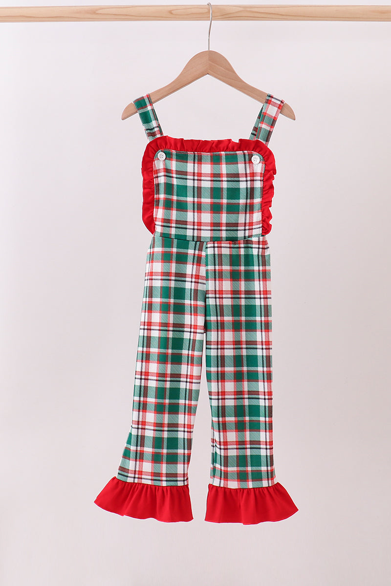 Green plaid ruffle jumpsuit