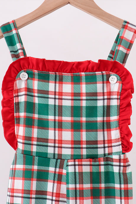 Green plaid ruffle jumpsuit