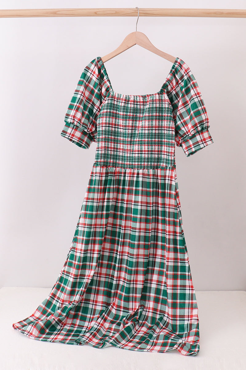 Green plaid smocked mom dress