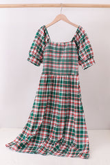 Green plaid smocked mom dress