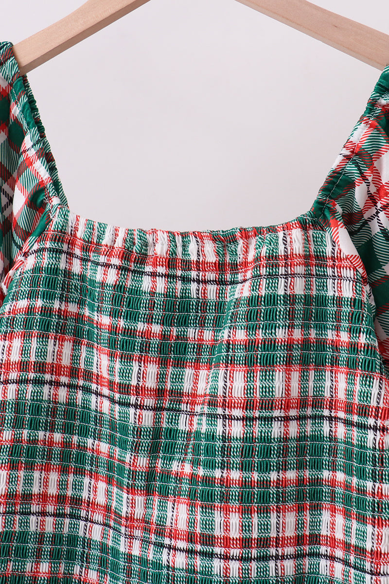 Green plaid smocked mom dress