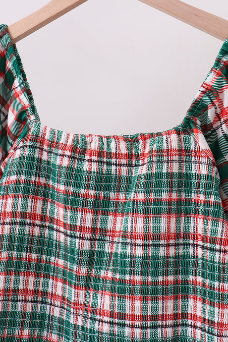 Green plaid smocked mom dress