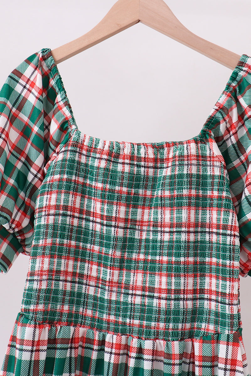 Green plaid smocked mom dress