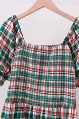 Green plaid smocked mom dress