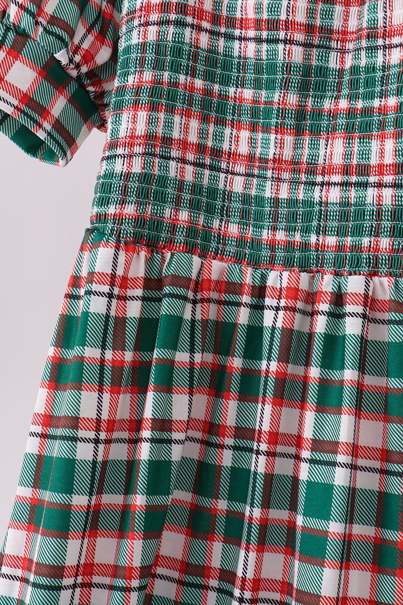 Green plaid smocked mom dress