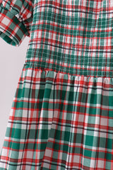 Green plaid smocked mom dress