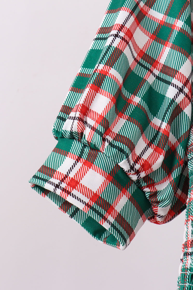 Green plaid smocked mom dress