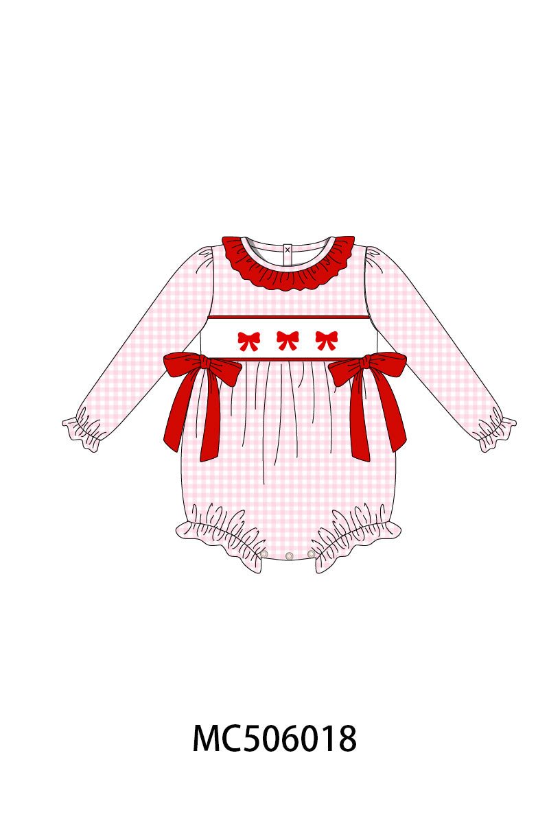 Pink bow embroidery gingham ruffle bubble
