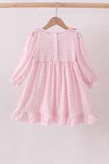Pink bow embroidery gingham ruffle dress