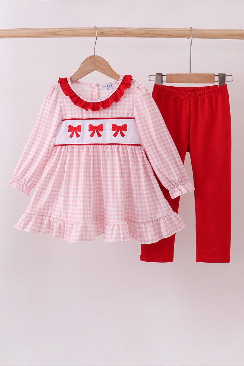 Pink bow embroidery gingham ruffle pants set