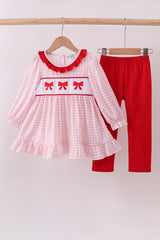 Pink bow embroidery gingham ruffle pants set