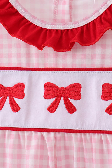 Pink bow embroidery gingham ruffle pants set