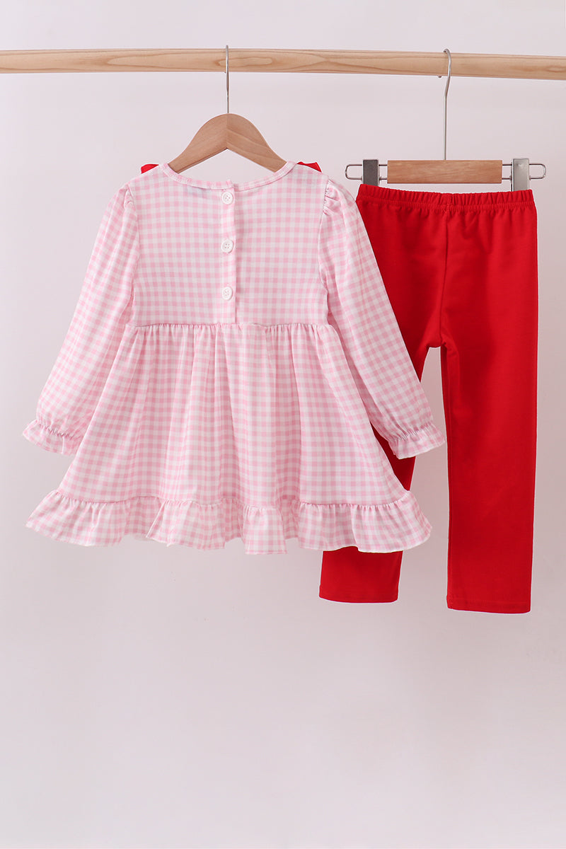 Pink bow embroidery gingham ruffle pants set