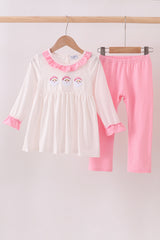Pink santa claus embroidery ruffle pants set