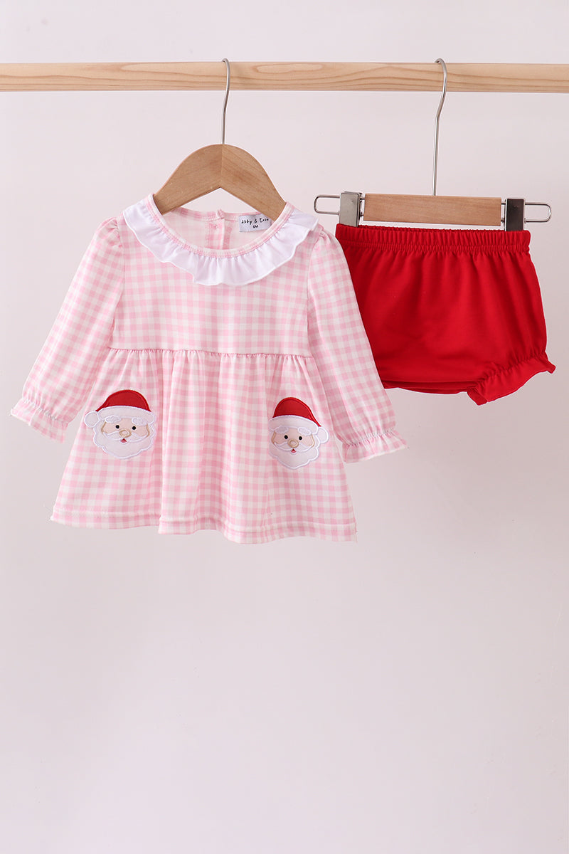 Pink santa claus applique ruffle bloomer set