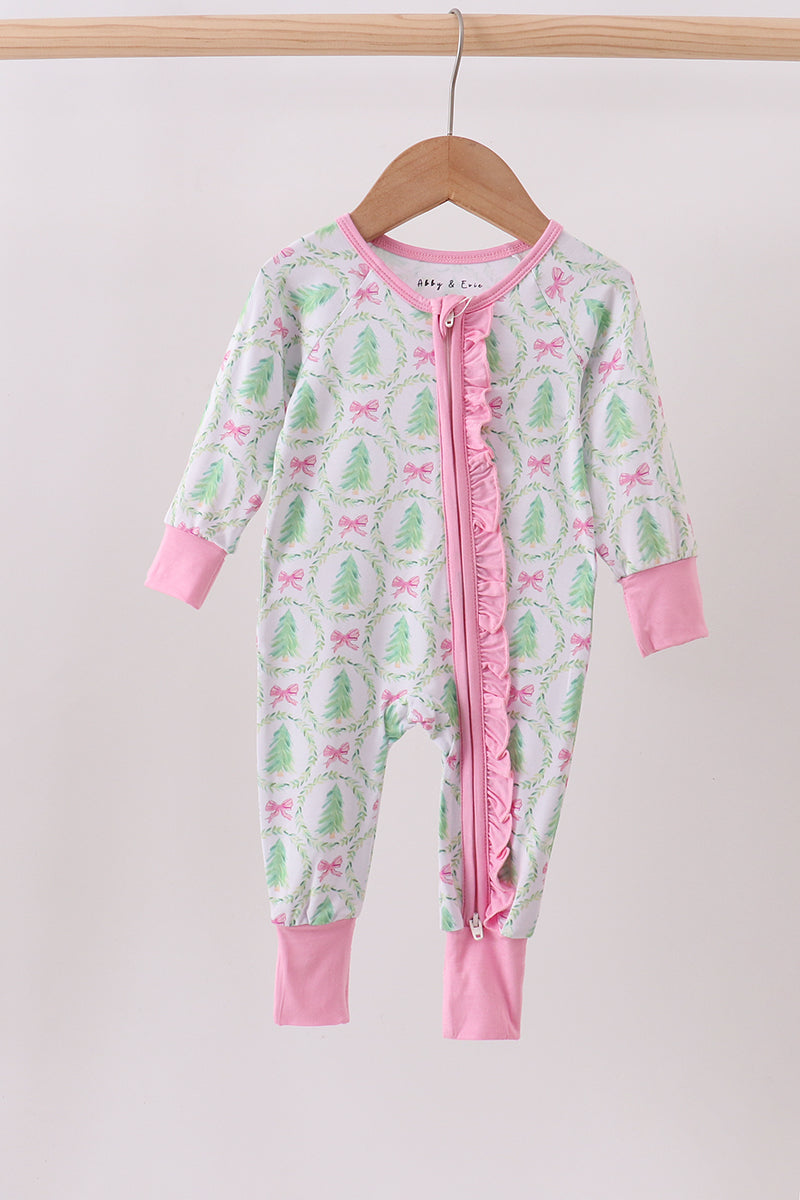 Green christmas tree bamboo zipper ruffle romper