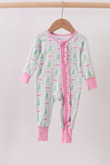 Green christmas tree bamboo zipper ruffle romper