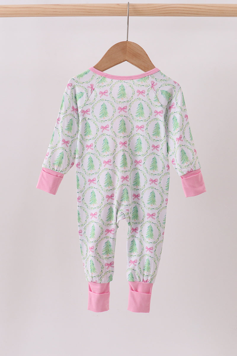 Green christmas tree bamboo zipper ruffle romper