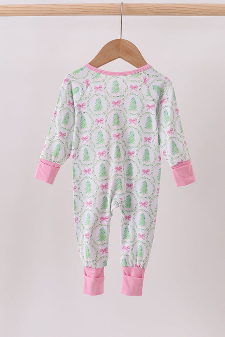 Green christmas tree bamboo zipper ruffle romper