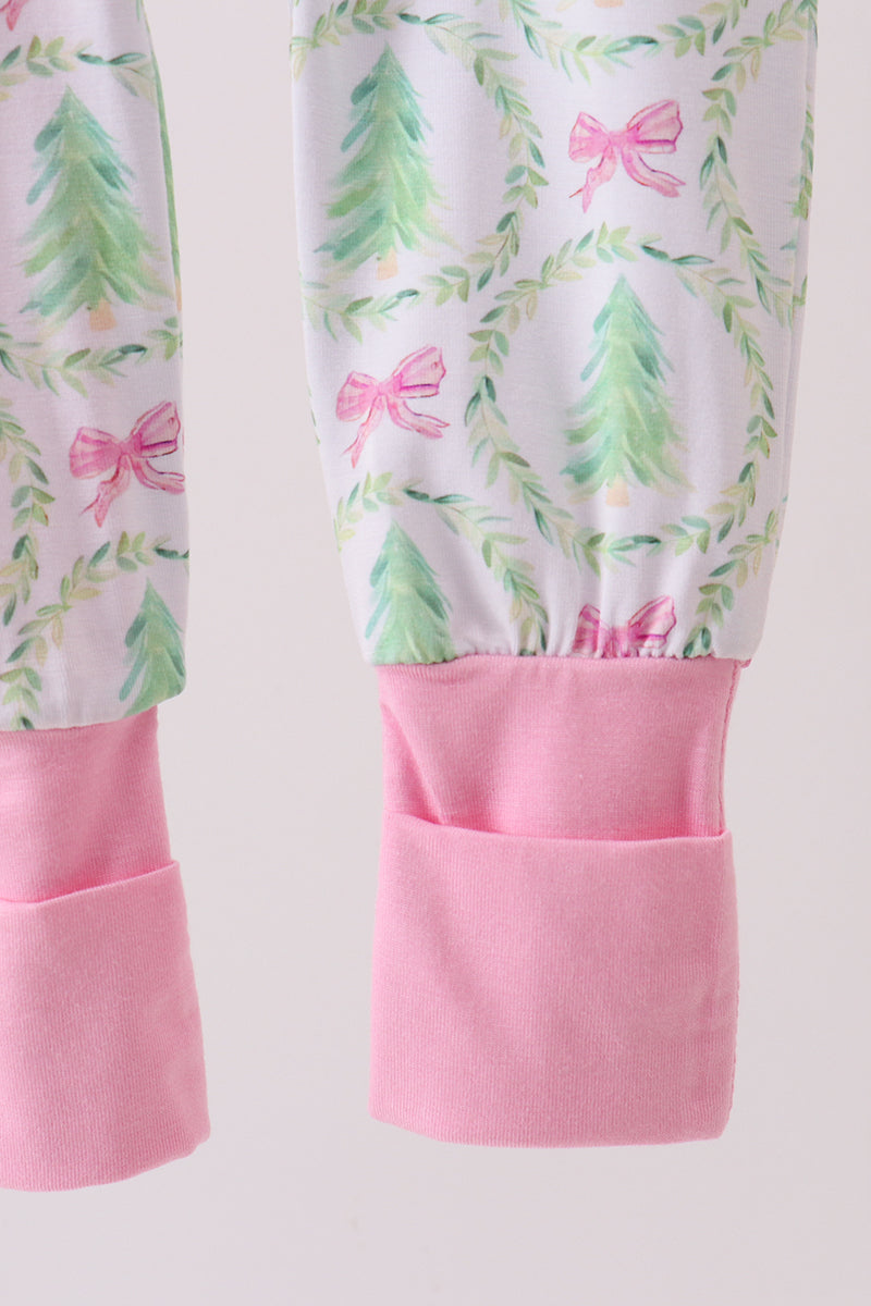 Green christmas tree bamboo zipper ruffle romper