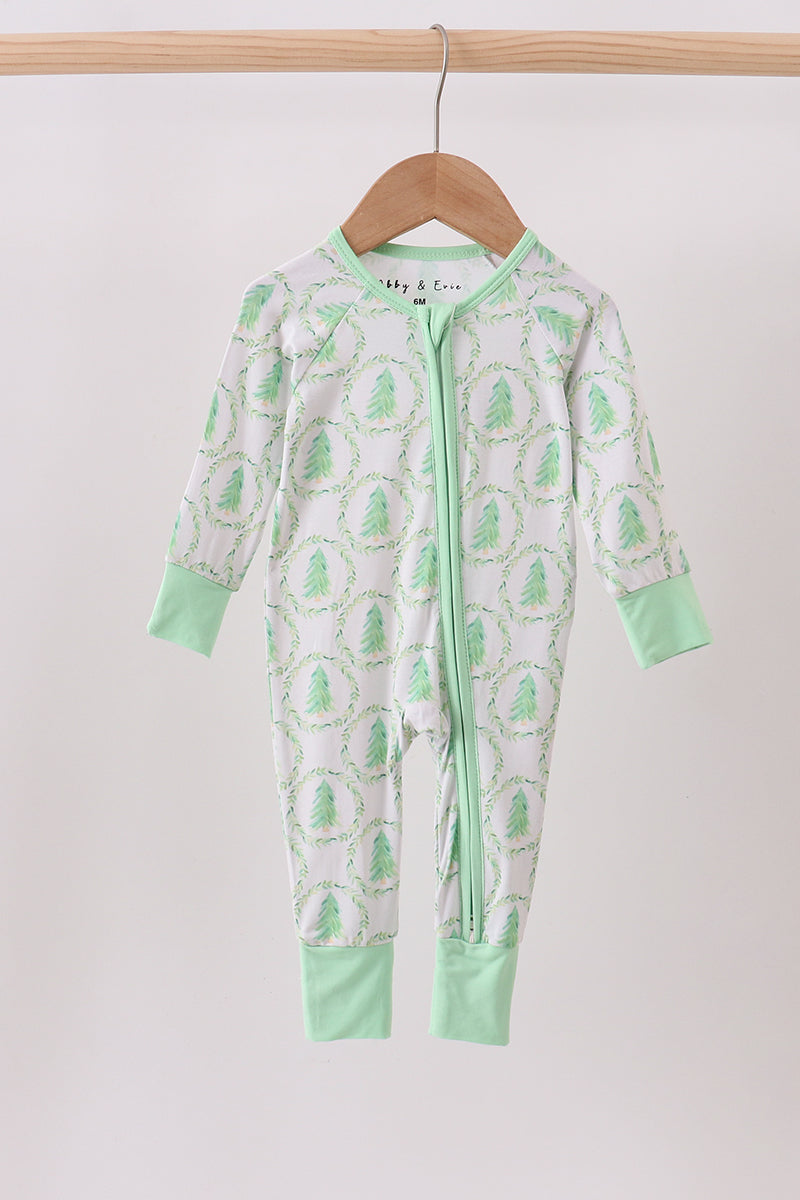 Green christmas tree bamboo zipper romper