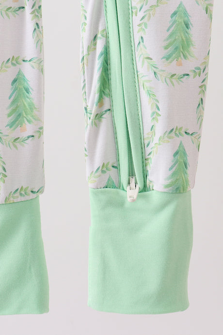 Green christmas tree bamboo zipper romper