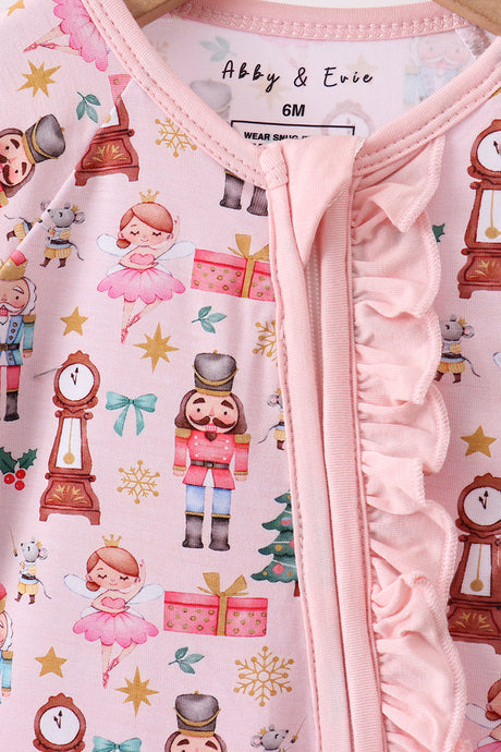 Nutcracker print bamboo ruffle zipper romper