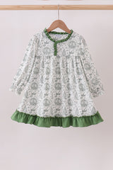 Green christmas tree print ruffle gown