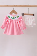 Pink christmas tree smocked bloomer set