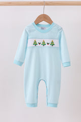 Blue stripe christmas tree smocked romper