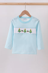 Blue stripe christmas tree smocked top